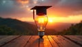 Bright, glowing light bulb wears graduation cap on rustic wood table. Education, learning, knowledge, bright ideas, future Royalty Free Stock Photo