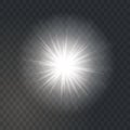 Bright glowing light sun burst on dark transparent background