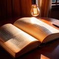 Bright glowing lightbulb on open book, showing enlightenment and learning, knowledge Royalty Free Stock Photo
