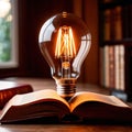 Bright glowing lightbulb on open book, showing enlightenment and learning, knowledge Royalty Free Stock Photo