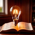 Bright glowing lightbulb on open book, showing enlightenment and learning, knowledge Royalty Free Stock Photo