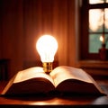 Bright glowing lightbulb on open book, showing enlightenment and learning, knowledge Royalty Free Stock Photo