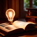 Bright glowing lightbulb on open book, showing enlightenment and learning, knowledge Royalty Free Stock Photo