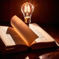 Bright glowing lightbulb on open book, showing enlightenment and learning, knowledge Royalty Free Stock Photo
