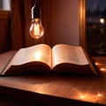 Bright glowing lightbulb on open book, showing enlightenment and learning, knowledge Royalty Free Stock Photo