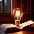 Bright glowing lightbulb on open book, showing enlightenment and learning, knowledge Royalty Free Stock Photo