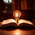 Bright glowing lightbulb on open book, showing enlightenment and learning, knowledge Royalty Free Stock Photo