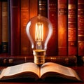 Bright glowing lightbulb on open book, showing enlightenment and learning, knowledge Royalty Free Stock Photo