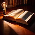 Bright glowing lightbulb on open book, showing enlightenment and learning, knowledge Royalty Free Stock Photo