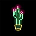 Bright glowing neon cactus in pot vector flat illustration in outline style. Colorful fashion sign peyote decorated with