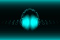 Bright glowing neon headphones isolated on blue background, music concept. Banner. Low poly illustration.Modified form