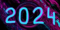 Bright glowing neon light blue 2024 hand drawn grunge text on purple pink wavy black background. Abstract liquid wave. Art trippy Royalty Free Stock Photo