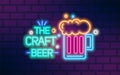 Bright glowing neon light the craft beer sign vector flat illustration. Colorful glass mug with foamy malt beverage