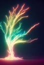 Bright glowing neural tree. Luminous branched tree. A beautiful electric tree. 3D Digital illustration. AI-generated