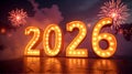 Bright glowing 2026 numbers with colorful fireworks Royalty Free Stock Photo