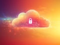 Bright glowing orange cloud lock with vibrant swirling digital particles, representing dynamic cloud data security and futurist