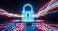 Digital cyber security concept with glowing neon padlock symbolizing data protection and encryption technology Royalty Free Stock Photo