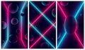 Bright glowing pink and blue neon lines, futuristic cyberbank backgrounds with illuminations on geometric figures, vector retro