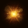 A bright gold flash with magical dust is isolated on a black background. Christmas fire. Flash, highlight for your project. Footag Royalty Free Stock Photo