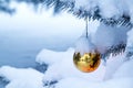 Bright gold ornament hanging from a snow covered C