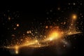 a bright gold sparkles on a black background with a star trail in the middle of the image and a black background with stars in Royalty Free Stock Photo