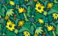 Bright gold zucchini flowers and grass on dark green background hand-drawn in naive casual doodle style.