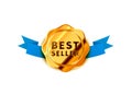 Bright golden badge with blue tape, glossy best seller icon on white