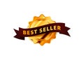 Bright golden badge with brown tape, glossy best seller icon on white Royalty Free Stock Photo