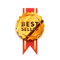 Bright golden badge with red tape, glossy best seller icon on white Royalty Free Stock Photo