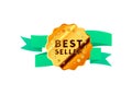 Bright golden badge with turquoise tape, glossy best seller icon on white Royalty Free Stock Photo