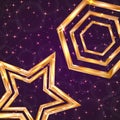 Bright golden hexagon and star on a dark purple background with bokeh and glowing stars. Luxury gold vector illustration. Disco