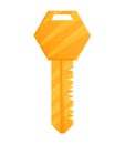 Bright golden key with geometric design and shiny surface. Modern key, secure access concept vector illustration