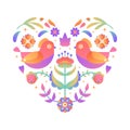 Bright gradient heart shape with flowers, birds and leaves. Romantic gradient floral ornament, folk motif. Royalty Free Stock Photo