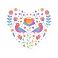 Bright gradient heart shape with flowers, birds and leaves. Romantic gradient floral ornament, folk motif. Royalty Free Stock Photo