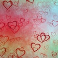 Bright gradient red blue cloudy background with many falling hearts