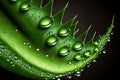 Bright green aloe with large shiny drops collage serum vitamin on leaves