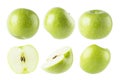 Bright green apples collection, whole and cut on half with tails, seeds, different sides isolated on white background.