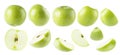 Bright green apples rich collection, whole cut half, slices tails, seeds, different sides isolated on white background.