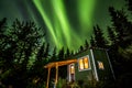 Bright green Aurora Borealis over small green and white tiny house in Alaska Royalty Free Stock Photo