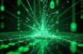 Bright green binary code forms shattered digital matrix, bursting with vivid glowing light. Scattered particles explode from Royalty Free Stock Photo