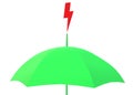 A bright green brolly umbrella struck at the top by a red lightning symbol Royalty Free Stock Photo