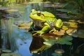 Bright Green Bullfrog Pond Dweller Awaiting. Generative AI Royalty Free Stock Photo