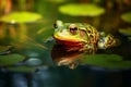 Bright Green Bullfrog Pond Dweller Awaiting. Generative AI Royalty Free Stock Photo