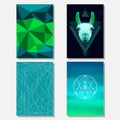 Bright green and deep blue colored set with geometric llama and polygonal background for use in design for card, poster, banner