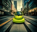 Bright green eco-friendly car standing out in a modern urban environment with skyscrapers Royalty Free Stock Photo