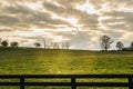 Sun Shining Through Clouds over a Green Field in late Afternoon Royalty Free Stock Photo