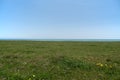 A bright green field with the sea in the background on the horizon, on a summer day with a clear blue sky. Royalty Free Stock Photo