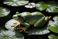 A bright green frog on a lily pad