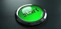 Bright green glossy start button with metallic chrome rim on dark textured surface. It symbolizes new beginning, launch, power, Royalty Free Stock Photo