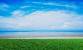 Bright green grass field or lawn next to the beach or sea with bright blue sky and white clouds. 3D Rendering. Panorama of the sea